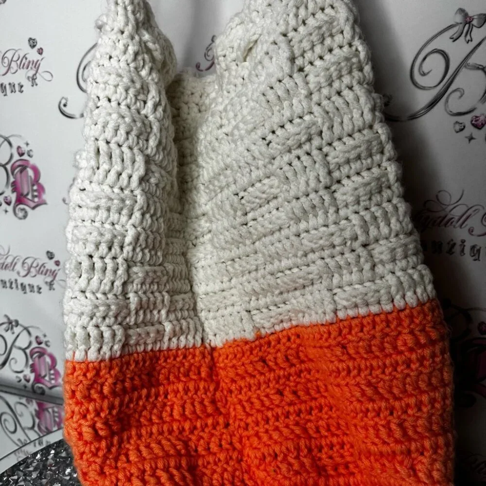 Tote handmade puff tassle Pom Pom Orange and White Crochet Shoulder Bag